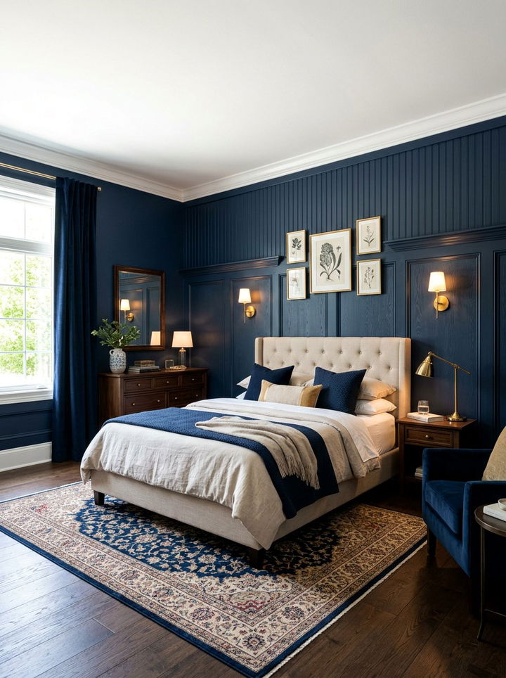 Midnight Blue Panel Wall - 30 midnight blue bedroom ideas
