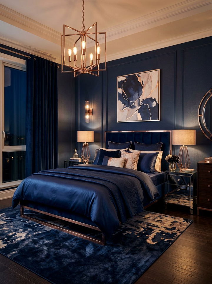 Midnight blue and rose gold bedroom - 30 pink and blue bedroom color combo