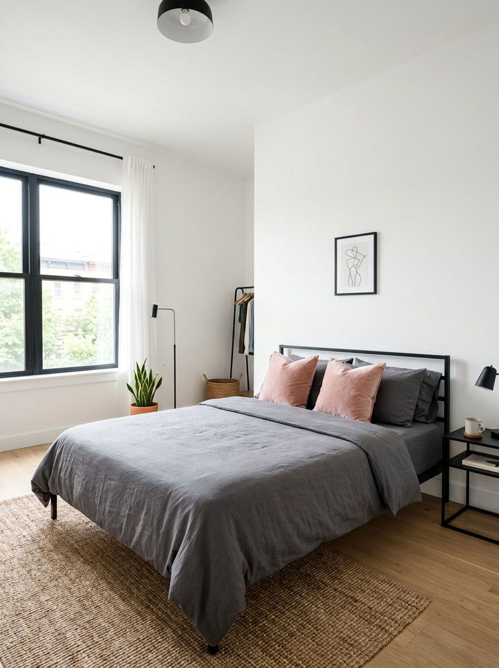 Minimalist Charcoal Bedding Pink Pillows - 30 charcoal and blush bedroom ideas