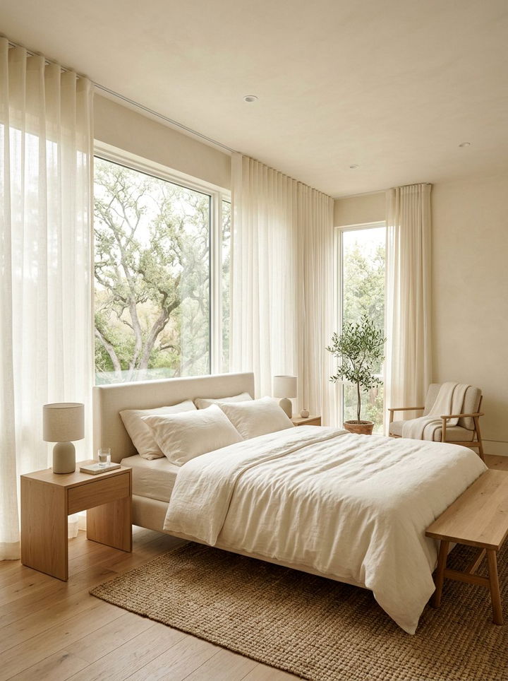 Minimalist Cream Bedroom With Sheer Curtains - 30 minimalist cream bedroom ideas
