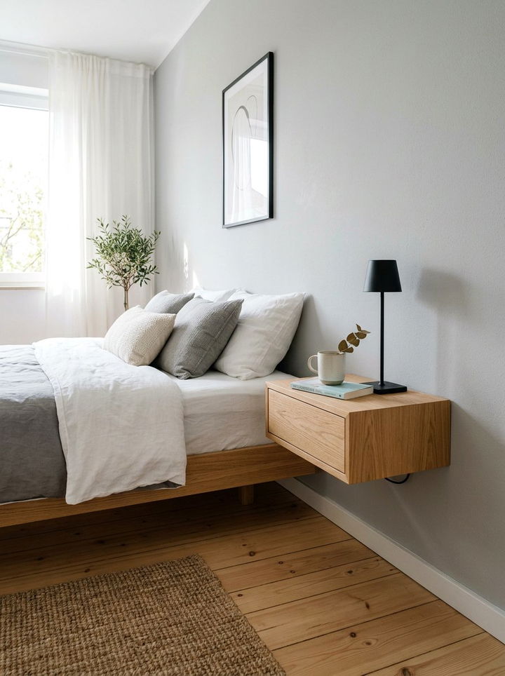 Minimalist Floating Nightstand - 30 Scandinavian minimalist bedroom ideas