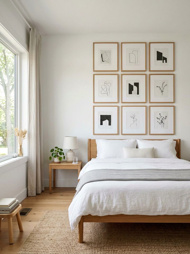 Minimalist Gallery Wall - 30 soft minimalist bedroom ideas