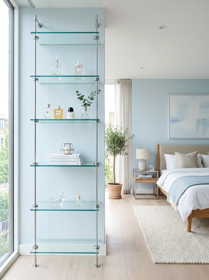Minimalist Glass Shelf - 30 bedroom corner shelving ideas