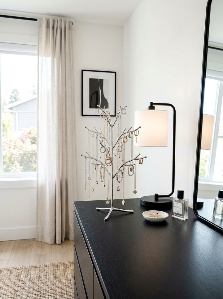 Minimalist Metal Jewelry Tree - 30 bedroom jewelry storage ideas