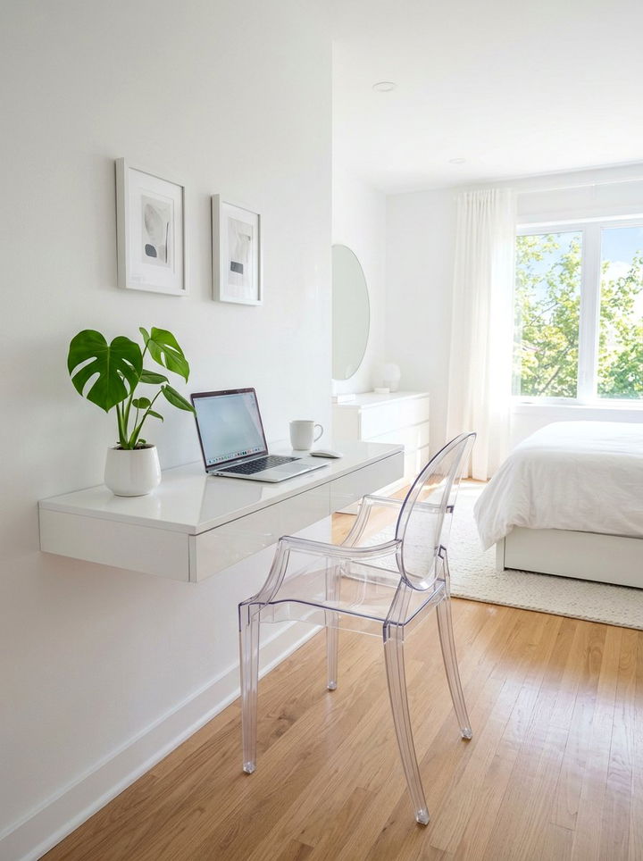 Minimalist White Floating Desk - 30 bedroom floating vanity ideas