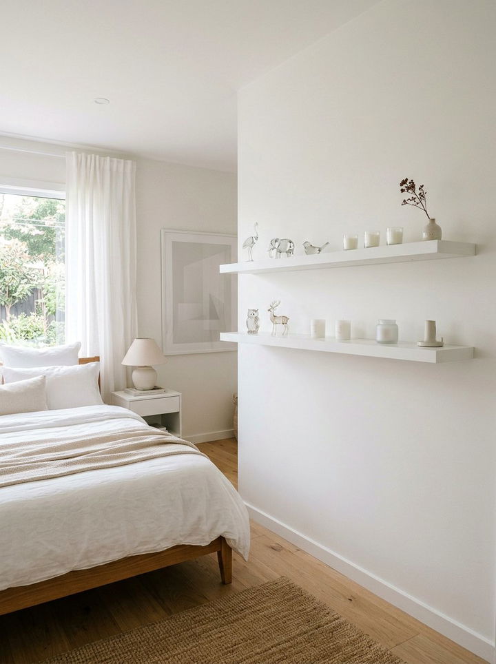 Minimalist White Shelf Wall - 30 bedroom ledge shelves