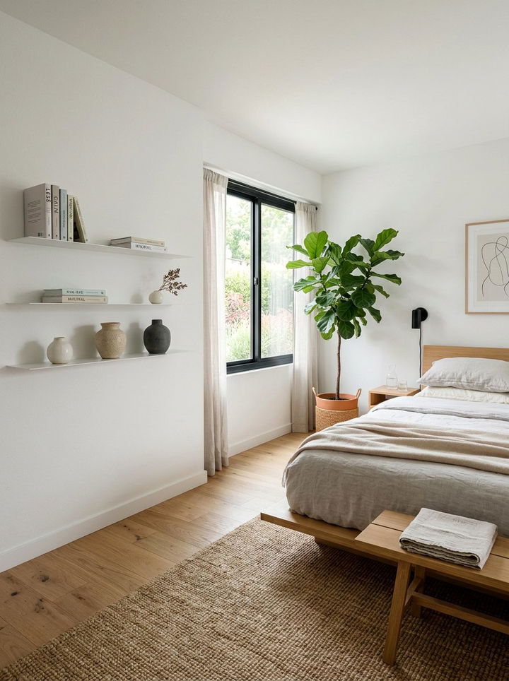 Minimalist White Wall Shelving - 30 bedroom bookshelf ideas