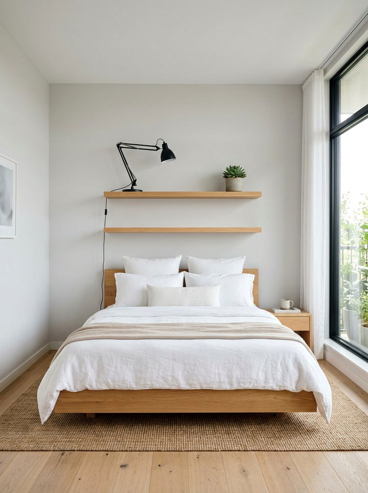 Minimalist floating shelf headboard - 30 bedroom bookcase headboards