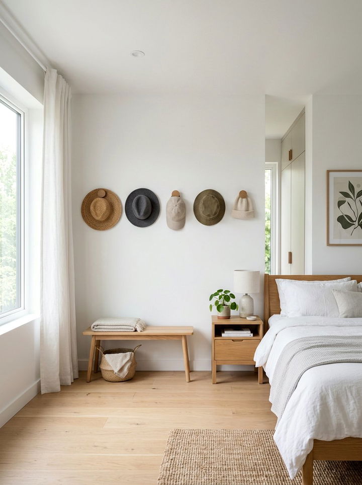 Minimalist hat wall hooks - 30 bedroom hat storage ideas