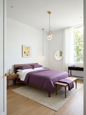 Minimalist purple gold bedroom