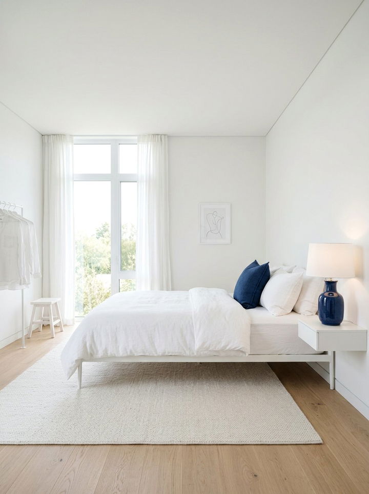 Minimalist white bedroom with indigo accents - 30 indigo and white bedroom ideas