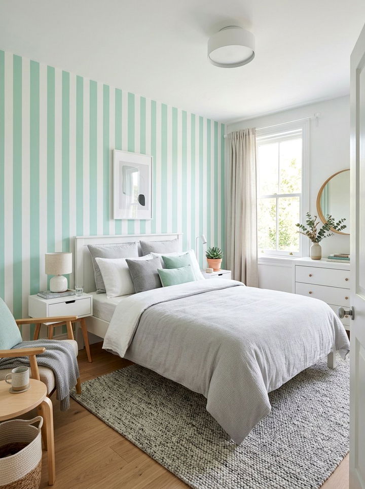 Mint green and white stripe - 30 bedroom striped wallpapers