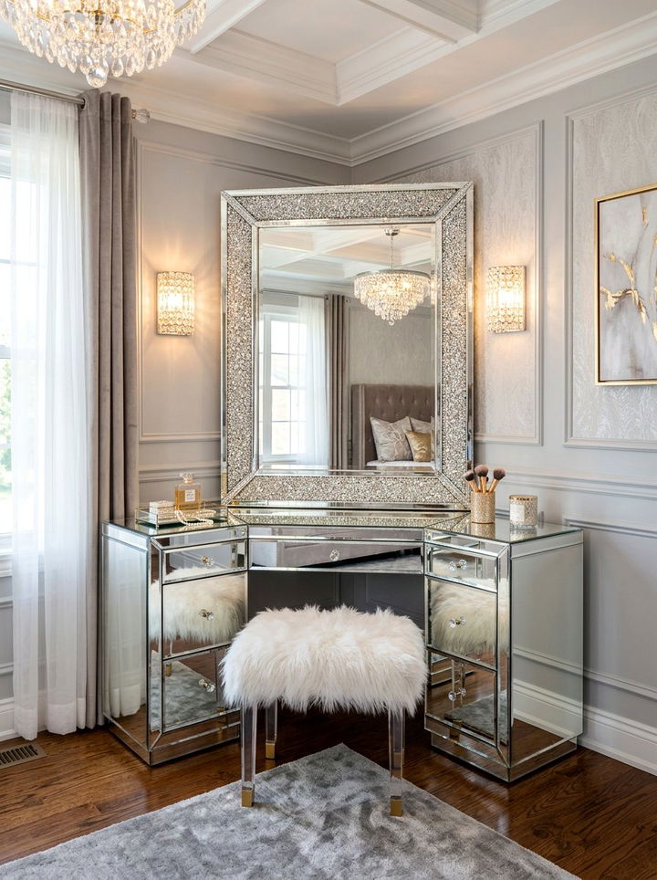 Mirrored Corner Vanity - 30 bedroom corner vanity ideas