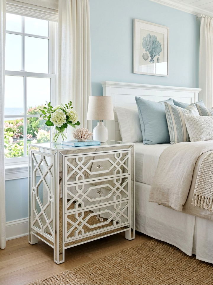 Mirrored Nightstand With Geometric Overlays - 30 bedroom mirrored nightstands