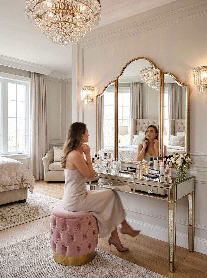 Mirrored Vanity Table Setup - 30 Hollywood regency bedroom ideas