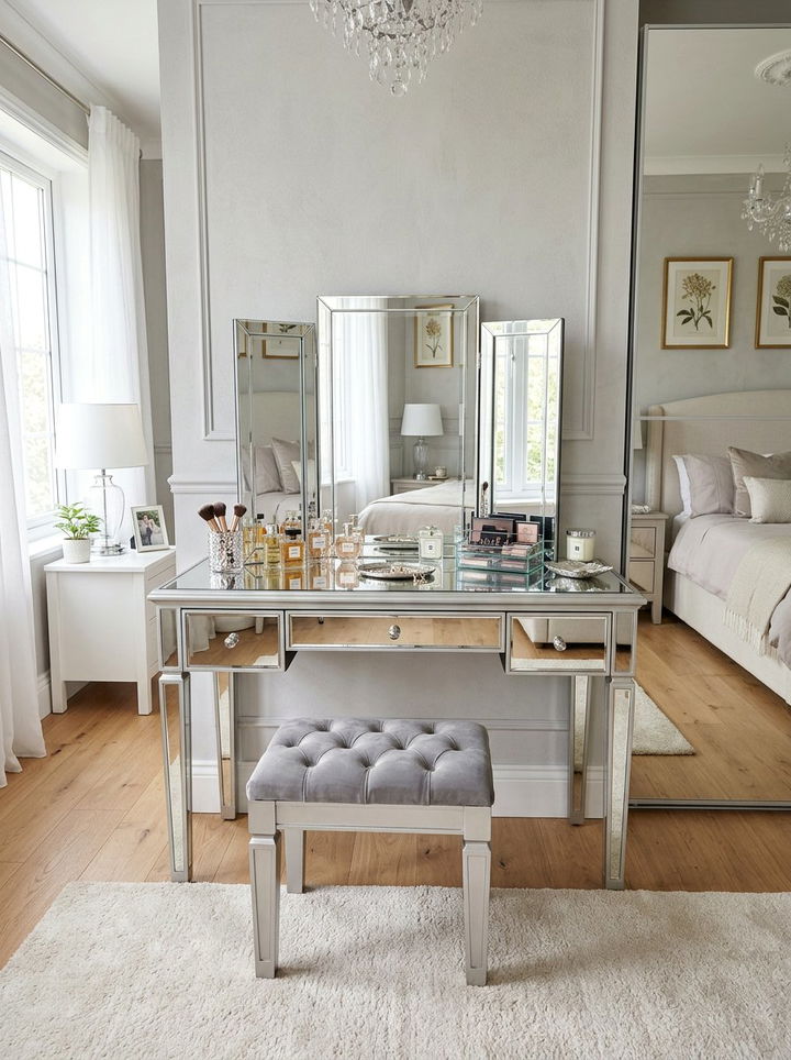 Mirrored Vanity Table - 30 silver accent bedroom ideas