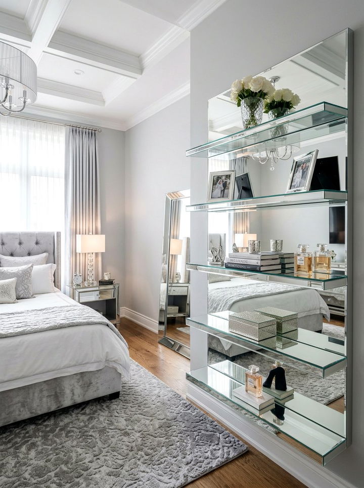 Mirrored Wall Shelves - 30 bedroom wall shelving ideas