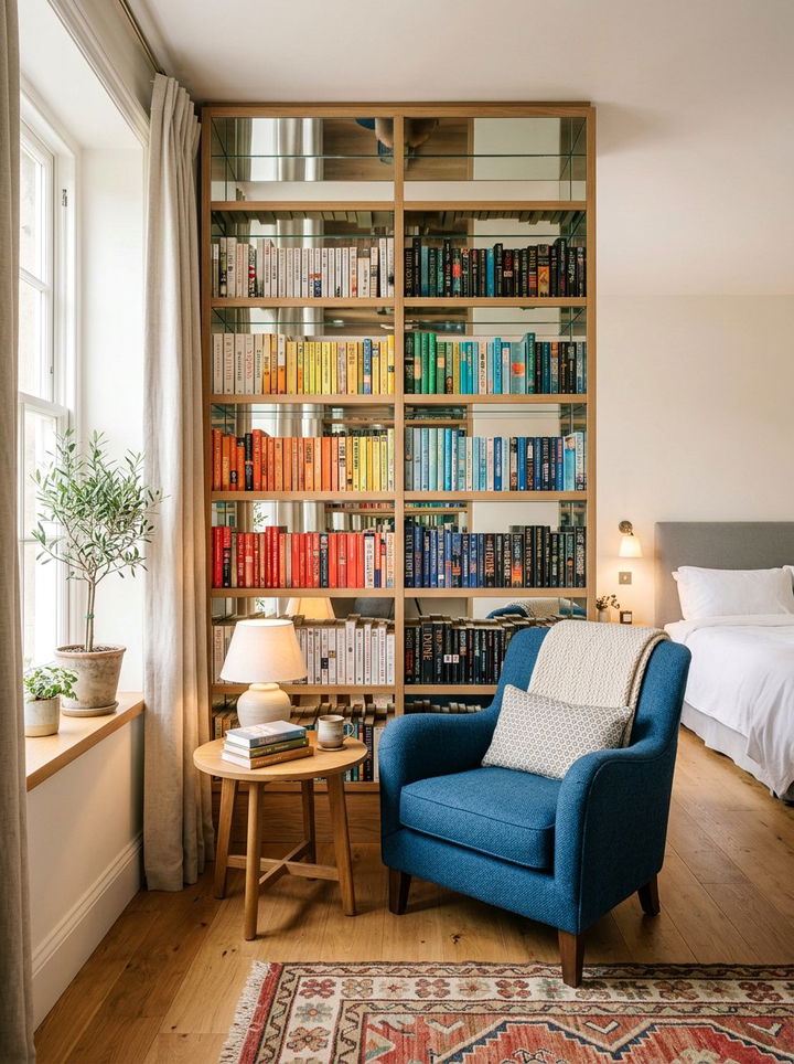 Mirrored bookshelf - 30 bedroom mirrored furniture ideas