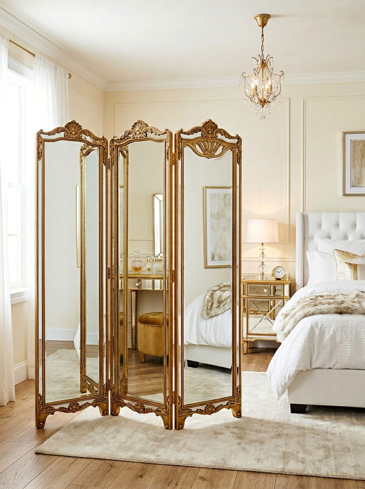 Mirrored folding screen - 30 bedroom divider ideas