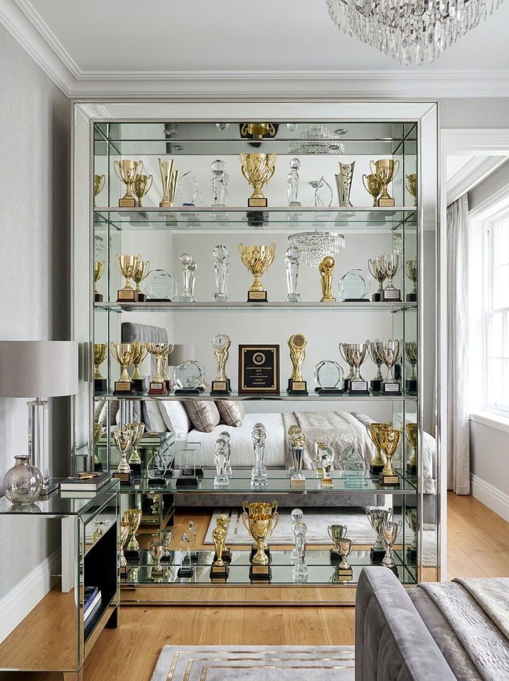 Mirrored trophy shelf - 30 bedroom trophy display ideas