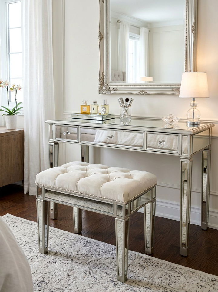 Mirrored vanity stool - 30 bedroom mirrored furniture ideas