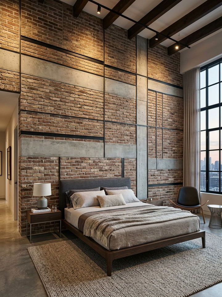 Mixed Material Brick Wall - 30 bedroom brick wall ideas