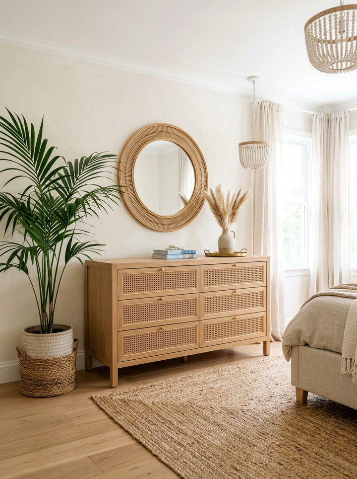 Mixed Material Wood and Rattan Dresser - 30 bedroom wood dressers