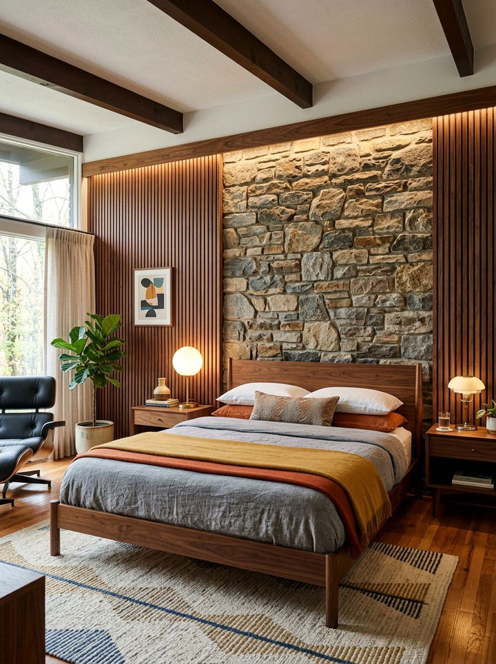 Mixed Stone Wood - 30 bedroom stone wall ideas