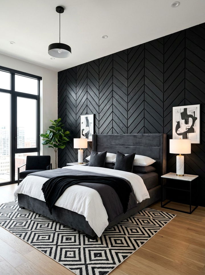 Modern Black Chevron Wood Wall - 30 bedroom chevron wall ideas
