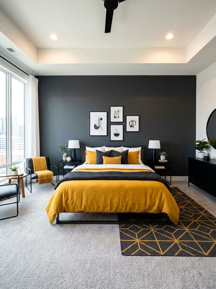 Modern Charcoal And Mustard Bedroom - 30 gray and yellow bedroom ideas