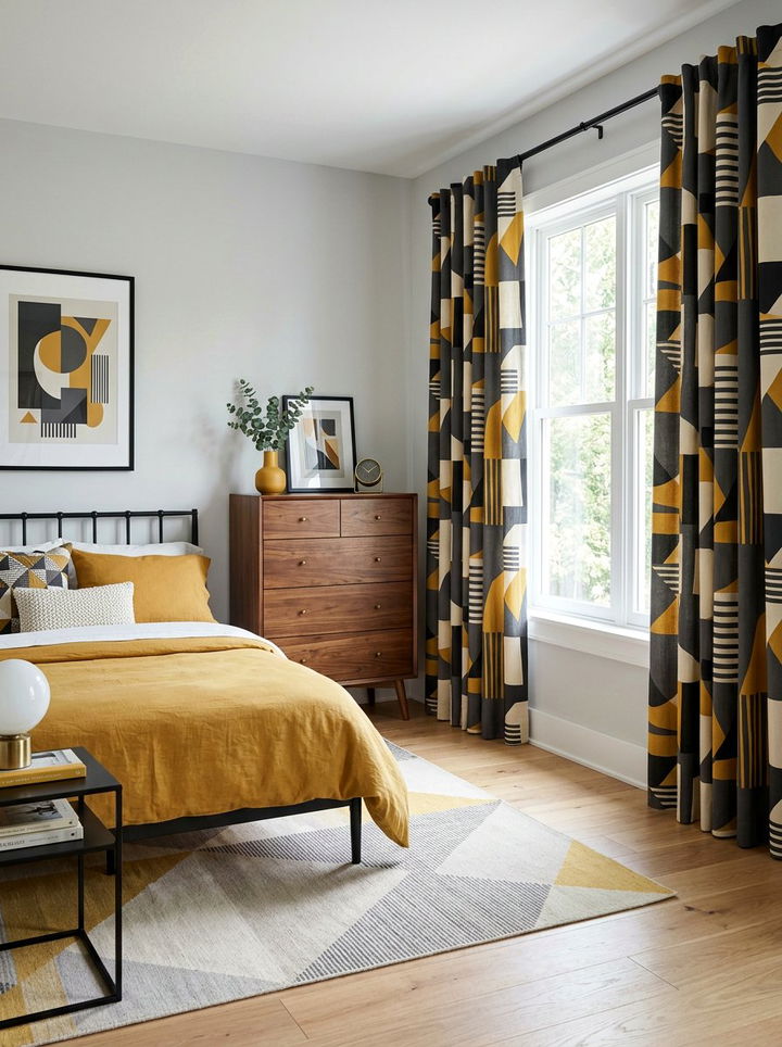 Modern Geometric Print Curtains - 30 bedroom curtain ideas