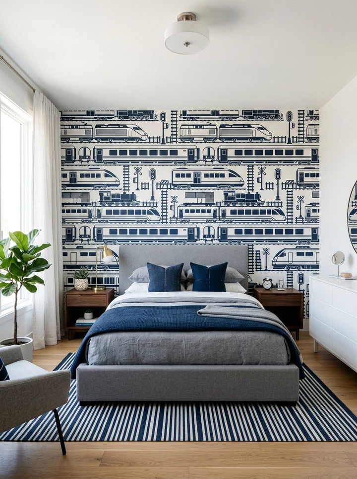 Modern Graphic Train Pattern - 30 train bedroom ideas