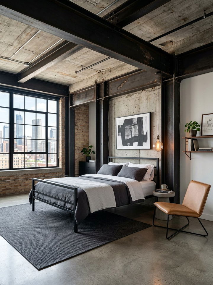Modern Industrial Steel Beams - 30 exposed beam bedroom ideas