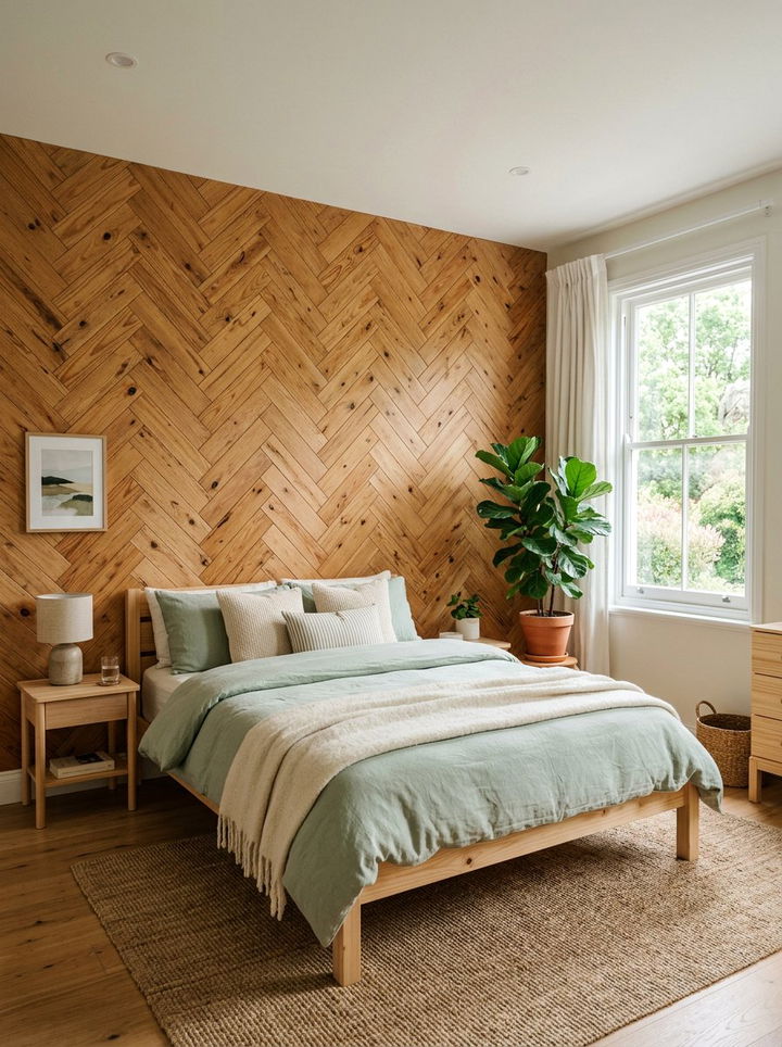 Modern Pine Herringbone Wall - 30 bedroom herringbone wall ideas