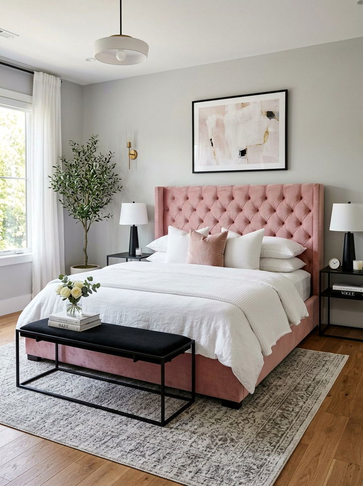 Modern Pink Velvet Bed - 30 millennial pink bedroom ideas