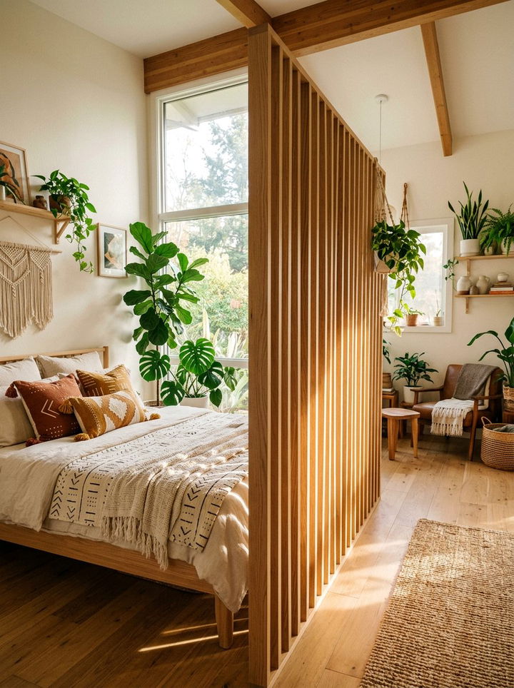 Modern bedroom pony wall with wood slats - 30 bedroom pony wall ideas