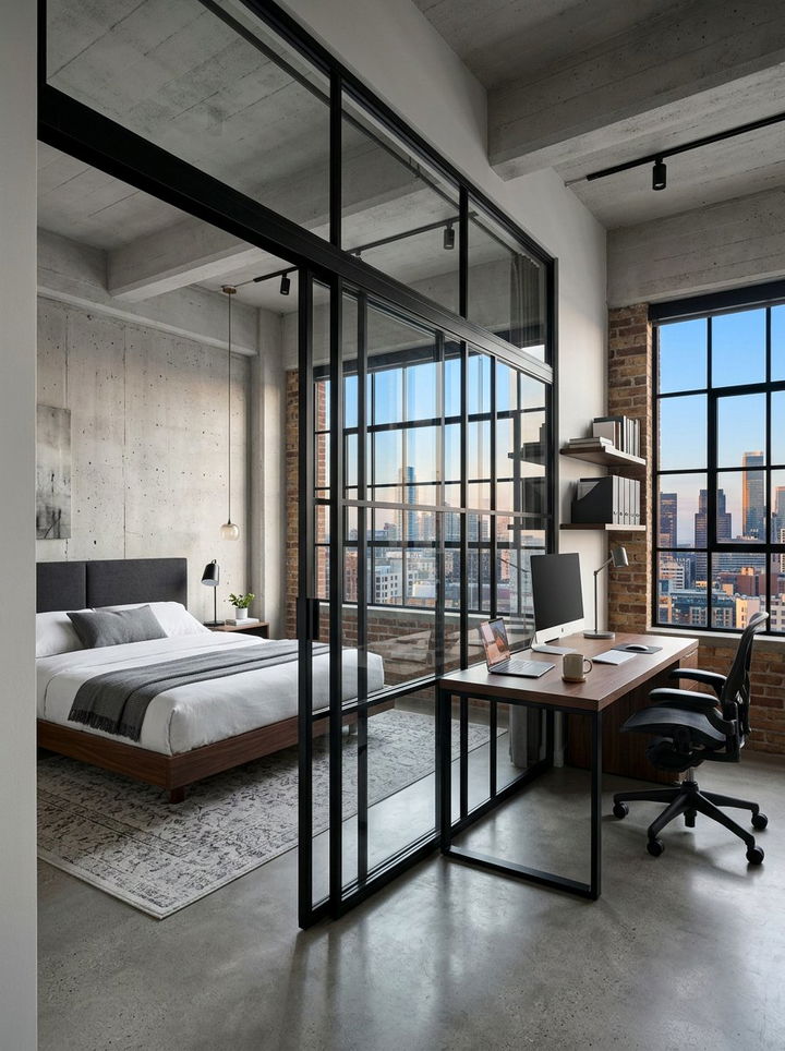 Modern bedroom with glass partition - 30 L-shaped bedroom ideas