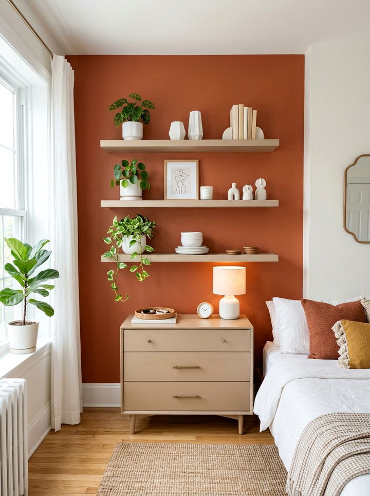 Modern beige floating shelves - 30 rust and beige bedroom ideas