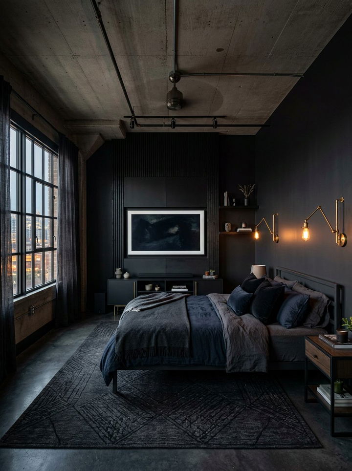 Modern black tv feature wall - 30 bedroom tv ideas