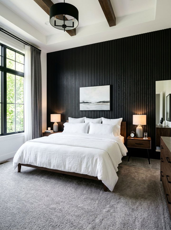 Modern black wood paneling bedroom - 30 farmhouse black bedroom ideas
