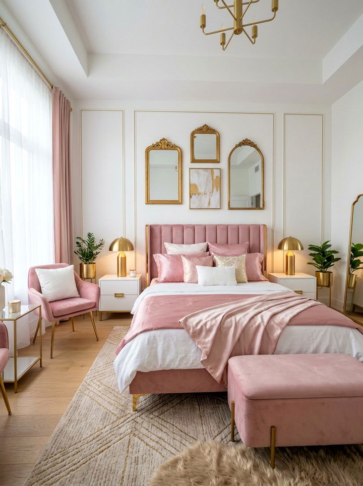Modern pink and white bedroom with gold accents - 30 pink and white bedroom ideas
