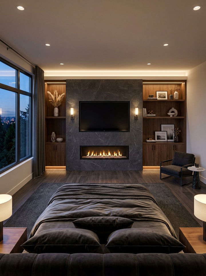 Modern primary bedroom fireplace - 30 new construction bedroom ideas