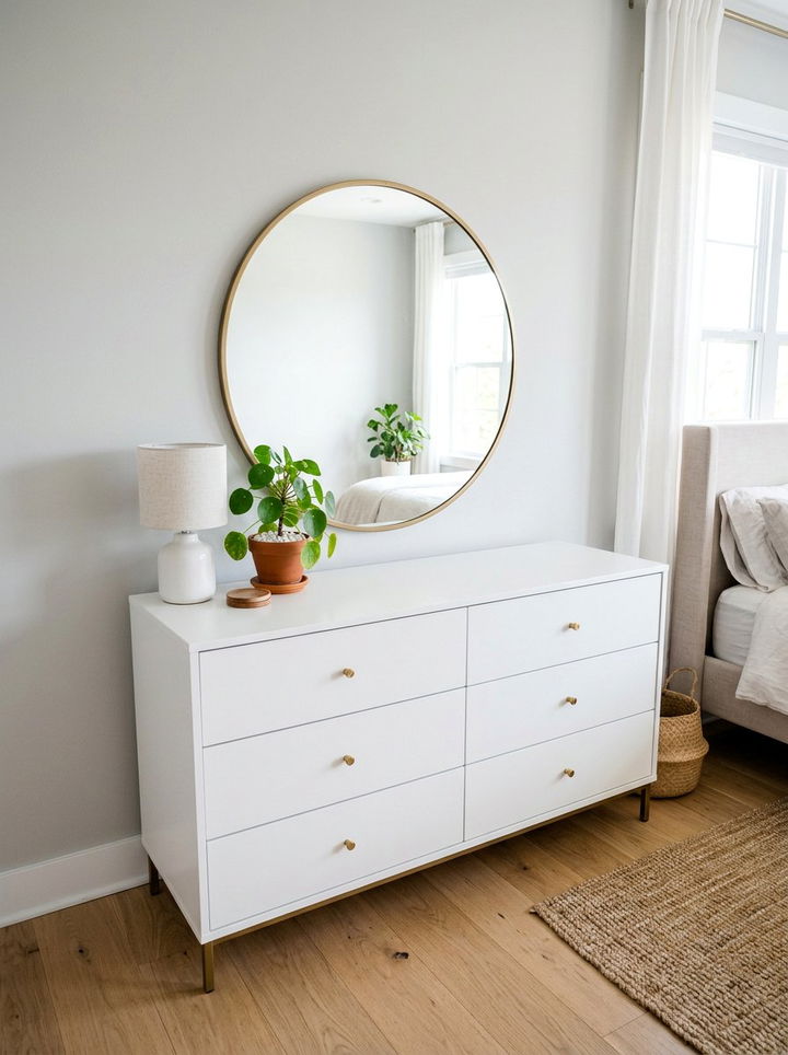 Modern white dresser with round mirror - 30 bedroom dresser with mirror ideas
