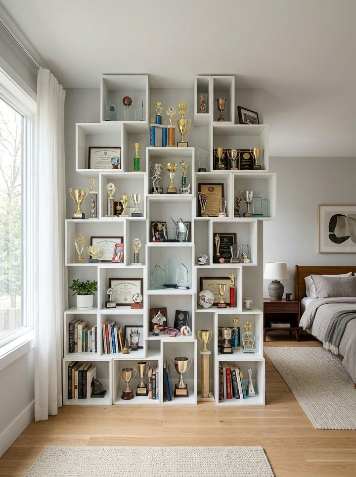 Modular shelving unit - 30 bedroom trophy display ideas