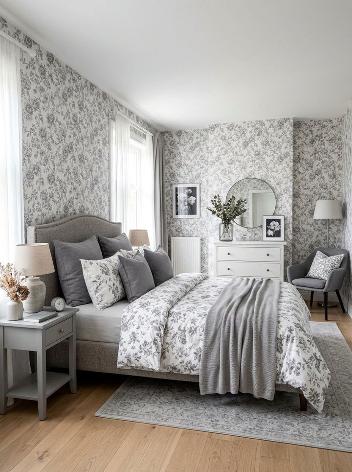 Monochromatic Floral Bedroom - 30 monochrome bedroom ideas
