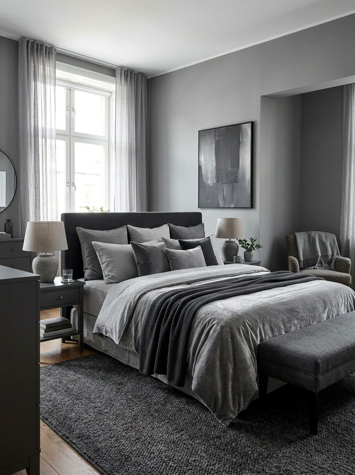 Monochromatic Grey Layered Bedroom - 30 modern grey bedroom ideas