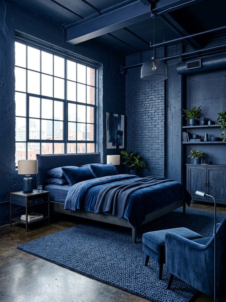 Monochromatic Navy Industrial Room - 30 industrial navy bedroom ideas