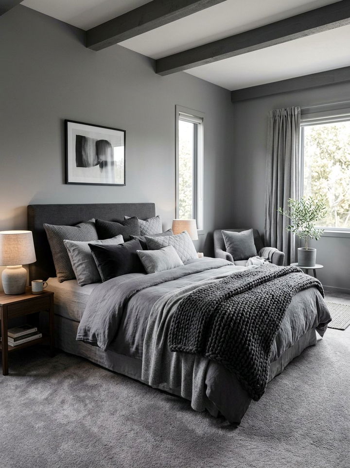 Monochrome Gray Layered Bedding - 30 gray bedroom ideas