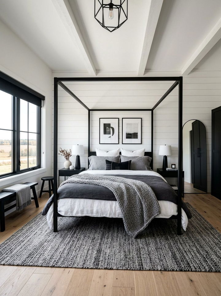 Monochrome black farmhouse bedroom decor - 30 farmhouse black bedroom ideas