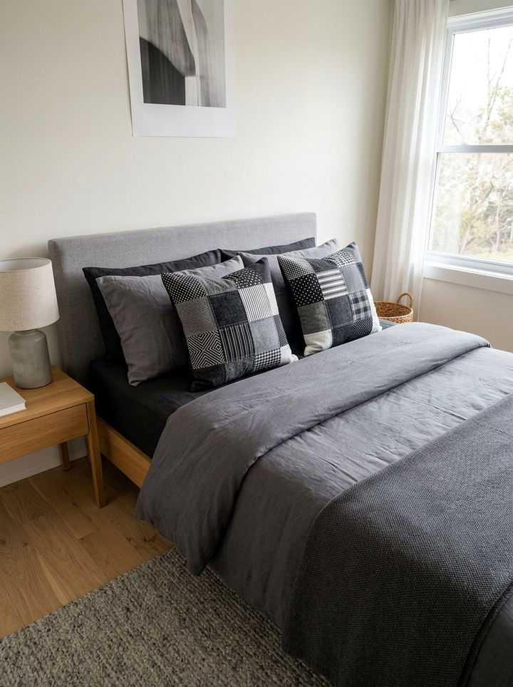 Monochrome patchwork pillow - 30 patchwork bedroom ideas